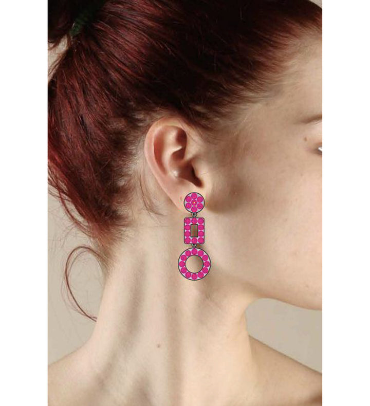 Model Wearing Giselle Neon Pink Dangle Earrings