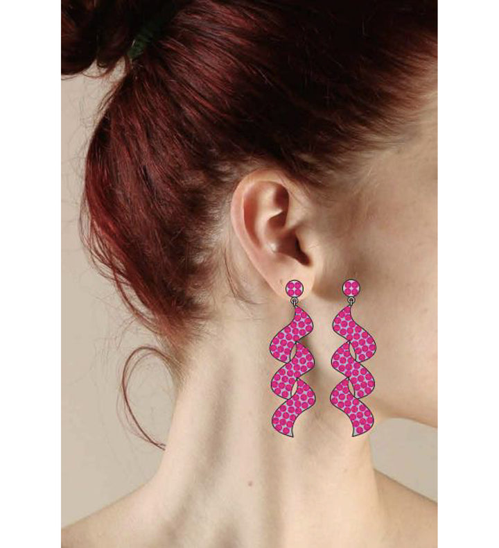 Model Wearing Naomi Fuchsia Dangle Earrings 