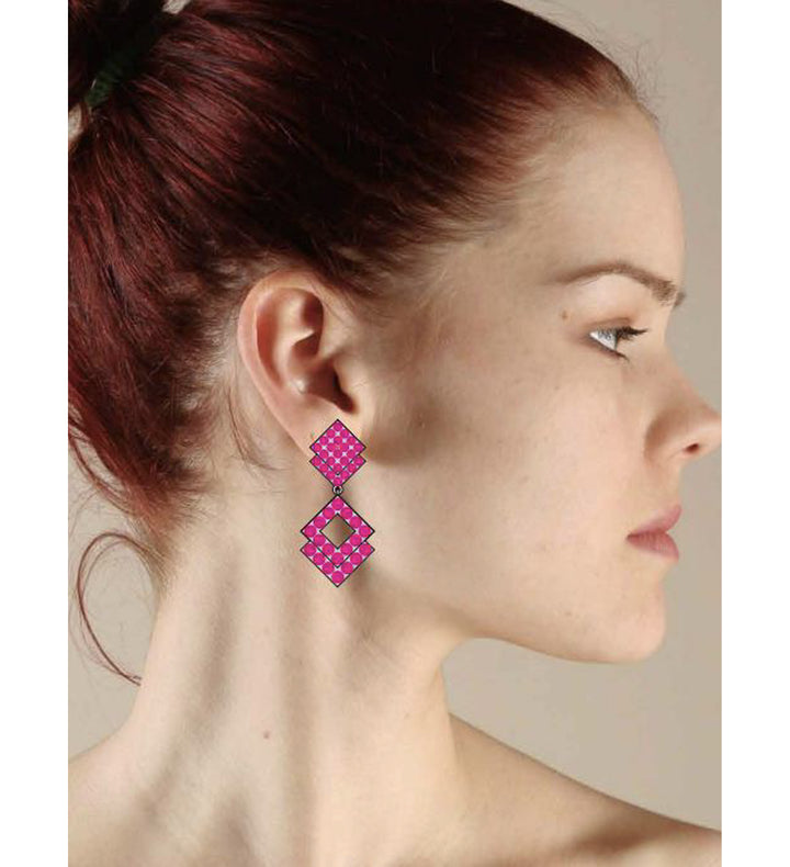 Model Wearing Quinn Fuchsia Dangle Earrings