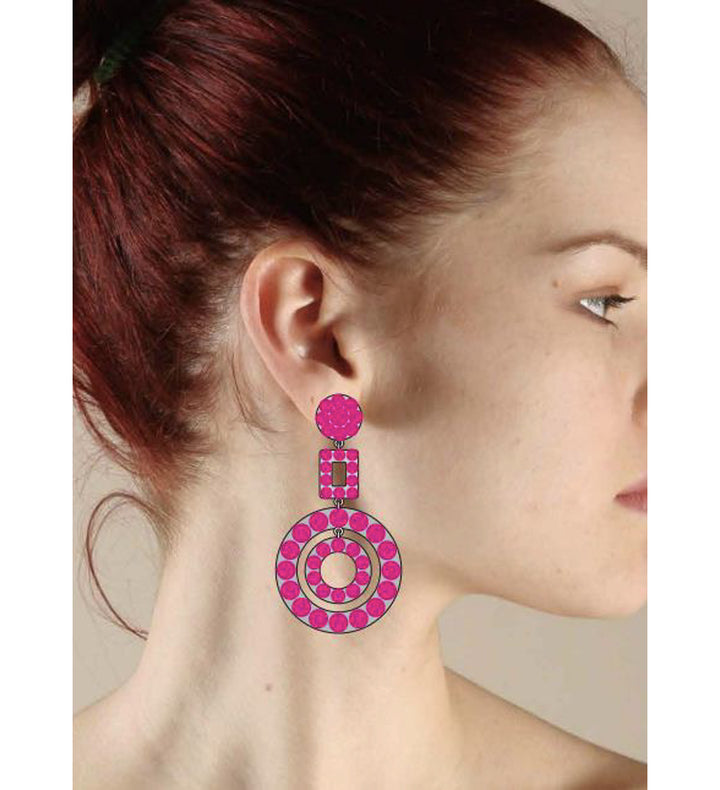 Model Wearing Sarah Fuchsia Dangle Earrings 