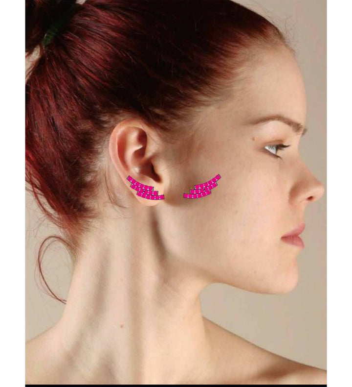 Model Wearing Wing Post Neon Pink Earrings